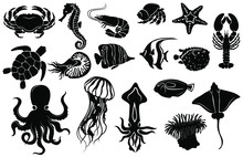Set Of Silhouettes Of Marine Inhabitants. Collection Of Various Inhabitants Of The Underwater World. Vector Illustration Of Sea Animals For Children. Tattoo.