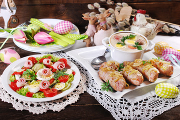 Wall Mural - traditional easter sausage with onion white borscht and salad