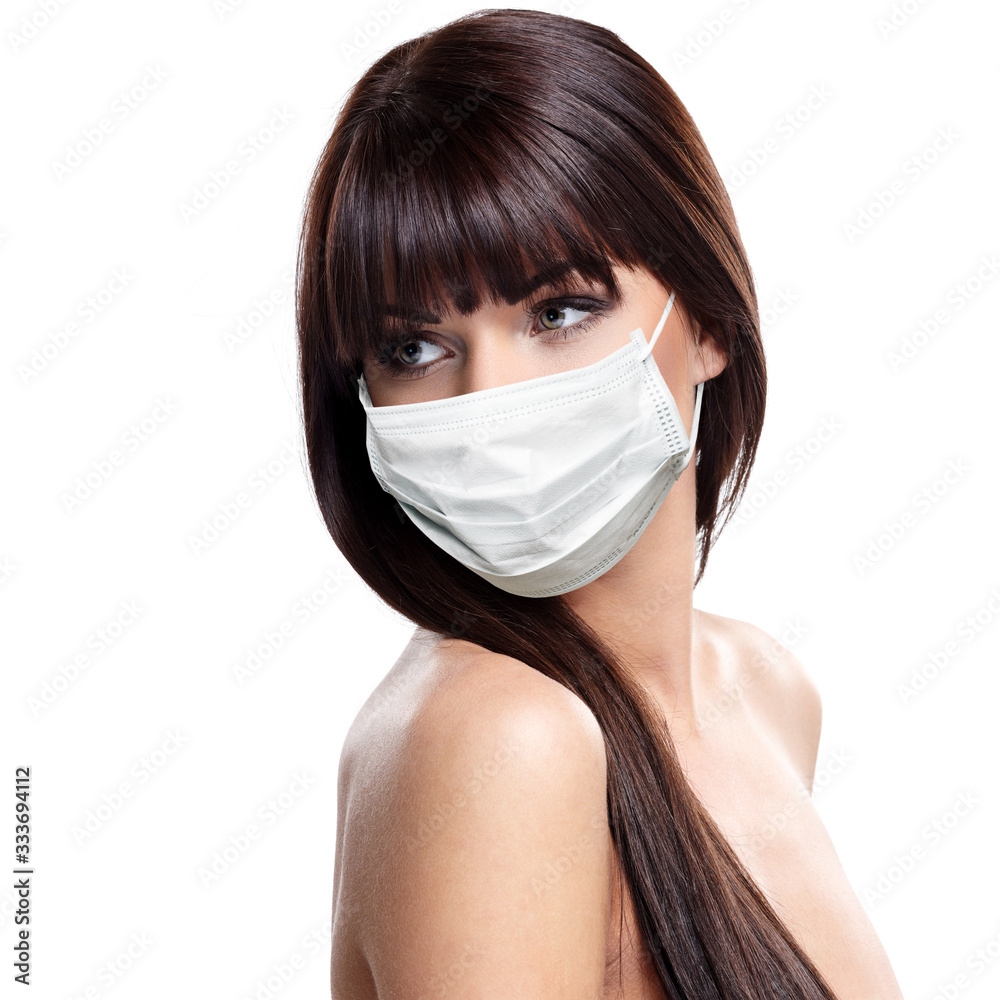 corona virus concept. woman in protective mask - obrazy, fototapety, plakaty 