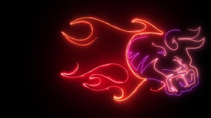 Poster - digital animation of a bull with flames that lighting up on neon style