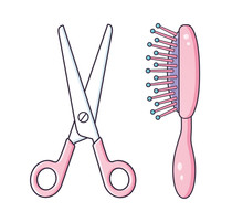 Scissors And Pink Hair Brush Comb Isolated