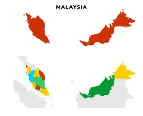 Wall Mural - Malaysia Map Vector With Colorfull States and Border Isolated on White Vector Illustration Set