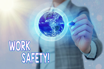 Poster - Word writing text Work Safety. Business photo showcasing policies and procedures in place to ensure health of employees Elements of this image furnished by NASA