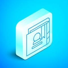 Isometric line Ancient magic book with alchemy recipes and mystic spells and enchantments icon isolated on blue background. Silver square button. Vector Illustration