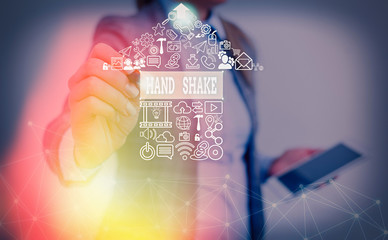 Poster - Writing note showing Hand Shake. Business concept for an act showing that you have made an agreement or greeting