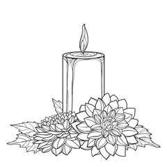 Sticker - Bouquet with outline two Chrysanthemum flower, leaf and burning candle in black isolated on white background. 