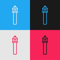 Canvas Print - Pop art line Magic staff icon isolated on color background. Magic wand, scepter, stick, rod. Vector Illustration