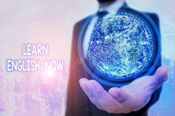 Poster - Conceptual hand writing showing Learn English Now. Concept meaning gain or acquire knowledge and skill of english language Elements of this image furnished by NASA