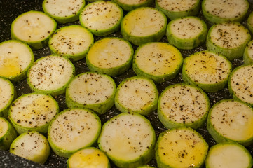 Wall Mural - Grilled zucchini vegetable in grill pan closeup as food background