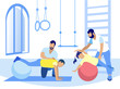 © Mykola - Exercise on Fitball for People with Injure Cartoon. Personal Physiotherapists Training Little Girl and Man with Trauma, Physical Disorders. Gym Class, Rehabilitation. Vector Flat Cartoon Illustration