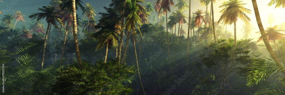 Sunrise in the jungle, palm trees in the fog in the morning, the rays of the sun in the palm trees, - obrazy, fototapety, plakaty 