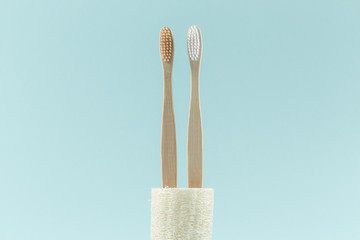 close up of two environmentally friendly toothbrushes are in an environmental loofah. zero waste. on