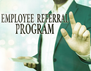 Poster - Word writing text Employee Referral Program. Business photo showcasing employees are rewarded for introducing recruits