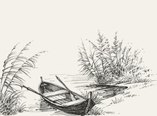 Empty Boat On Shore On The Lake, Relaxation In Nature Sketch