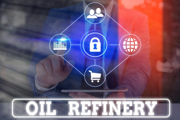 Poster - Word writing text Oil Refinery. Business photo showcasing industrial process of converting crude oil into petroleum