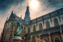 Great Church of St. Bavokerk and the statue of Laurens Coster -