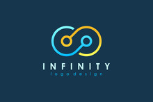 Blue And Yellow Line Infinity Logo Isolated On Dark Blue Background. Flat Vector Technology Logo Design Template Element.