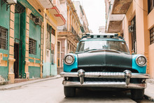 View Of Yellow Classic Vintage Car In Old Havana, Cuba