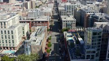 Aerial Drone Footage Of An Empty And Desolate Downtown San Diego During The Covid-19 Coronavirus Pandemic Of 2020. San Diego, California, USA.