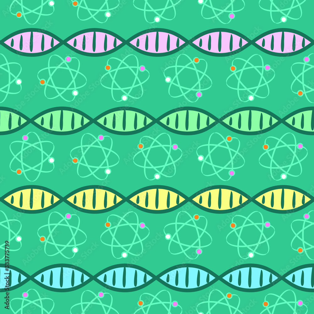 Proton Science Pattern Seamless science pattern. Hand-drawn DNA molecules and ellipses with ...