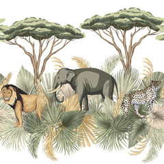  Vintage safari palm leaves, tree, lion, indian elephant, leopard animal floral seamless border white background. Exotic savanna wallpaper.