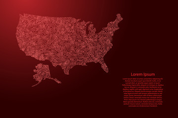 Leinwandbilder - United States of America, USA map from red isolines or level line geographic topographic map grid. Vector illustration.