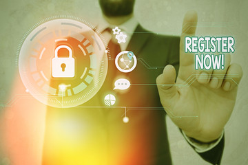 Poster - word writing text register now. business photo showcasing official list or record showing or things 