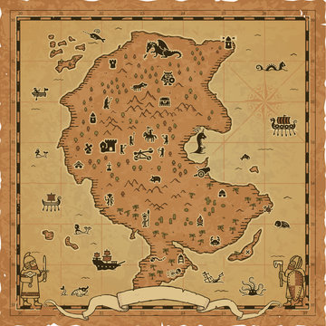 Vector illustration of an old medieval fantasy map with various icons: sea monsters, magician, tower, dungeon, castle, viking ship, Celtic warrior, knight, archer, dragon, ogre, goblin, Excalibur, etc