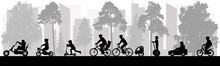 Urban Leisure Activities In Spring And Summer. People Ride Bicycles, Scooters, Cars, Segway. Silhouette Of Urban Park. Vector Illustration.