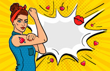 Girls Power Poster. Pop Art Sexy Strong Girl. Classical American Symbol Of Female Power, Woman Rights, Protest, Feminism. Colorful Hand Drawn Background In Retro Comic Style With Speech Bubble
