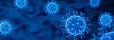 Fototapeta  - 3D render: Corona virus - Schematic image of viruses of the Corona family in blue color. Selective focus
