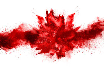Wall Mural - freeze motion of red powder exploding, isolated on white background. abstract design of red dust clo