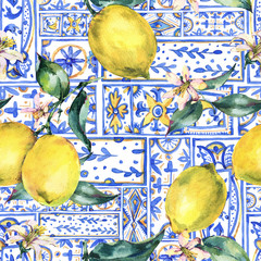 Wall Mural - Watercolor lemon ornament seamless pattern