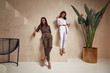 canvas print picture - Two beautiful woman fashion model brunette hair friends wear overalls suit casual style sandals high heels accessory clothes safari Sahara journey summer hot collection plant flowerpot wall stairs.