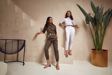 Wall Mural - Two beautiful woman fashion model brunette hair friends wear overalls suit casual style sandals high heels accessory clothes safari Sahara journey summer hot collection plant flowerpot wall stairs.