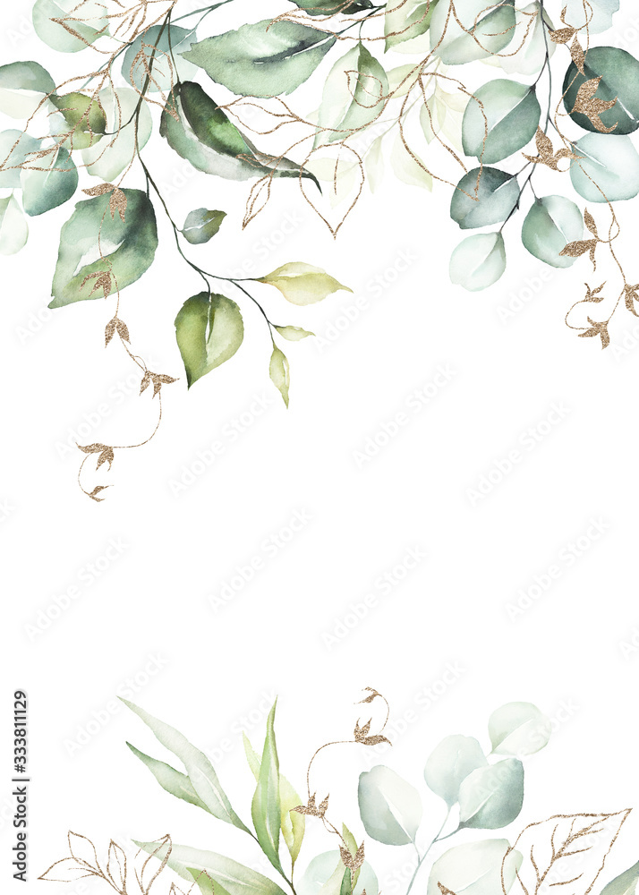 Watercolor floral frame / border with green leaves & branches and gold ...