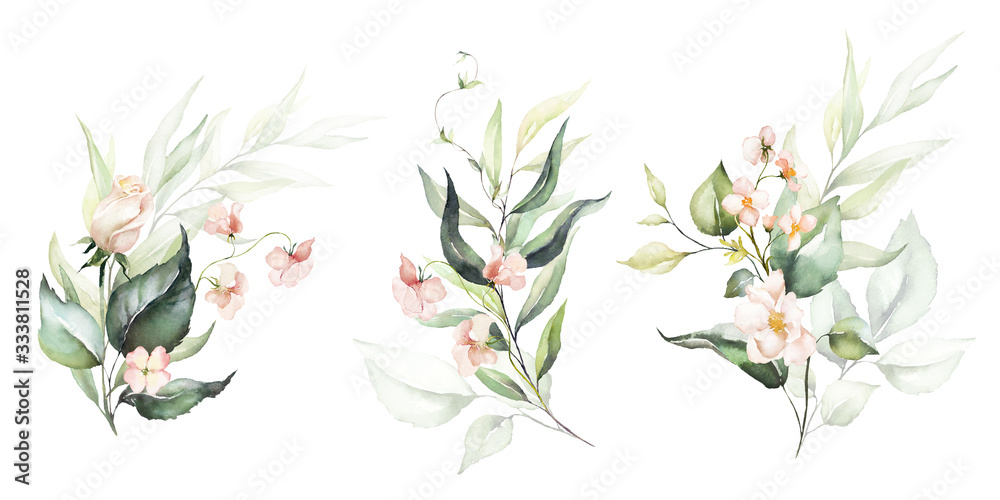 Watercolor floral illustration set - flower and green leaf branches ...