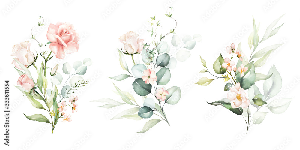 Watercolor floral illustration set - flower and green leaf branches ...