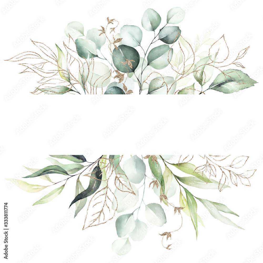 Watercolor floral frame / border - gold branches and green leaves, for ...