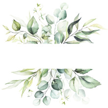 Watercolor Floral Frame / Border - Green Branches And Green Leaves, For Wedding Stationary, Greetings, Wallpapers, Fashion, Background. Eucalyptus, Olive, Green Leaves, Etc.
