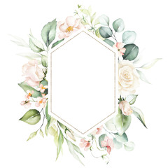 Watercolor floral frame / wreath - flowers, leaves and branches with gold geometric shape, for wedding invites, greeting cards, wallpapers, fashion, background. Eucalyptus, pink roses, green leaves.