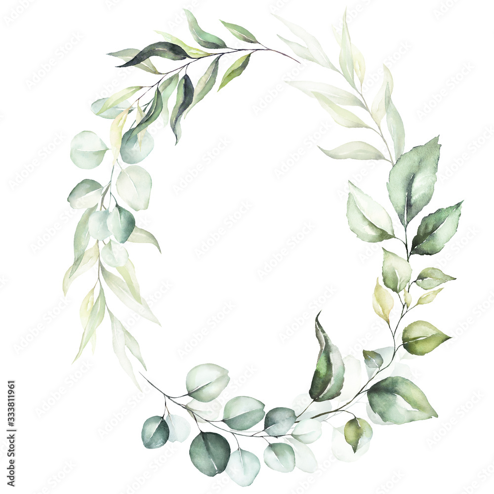 Watercolor floral wreath / frame with green leaves and branches, for ...
