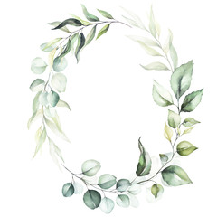 Wall Mural - Watercolor floral wreath / frame with green leaves and branches, for wedding stationary, greetings, wallpapers, fashion, background. Eucalyptus, olive, green leaves.