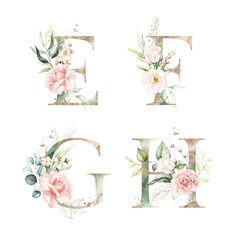 Wall Mural - Gold Green Floral Alphabet Set Collection - letters E, F, G, H with peach pink white gold botanic flower branch bouquets composition. Wedding invitations, baby shower, birthday, other concept ideas.