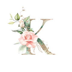 Wall Mural - Gold Green Floral Alphabet - letter K with peach pink white gold green botanic flower branch bouquet composition. Unique collection for wedding invites decoration, birthdays & other concept ideas.