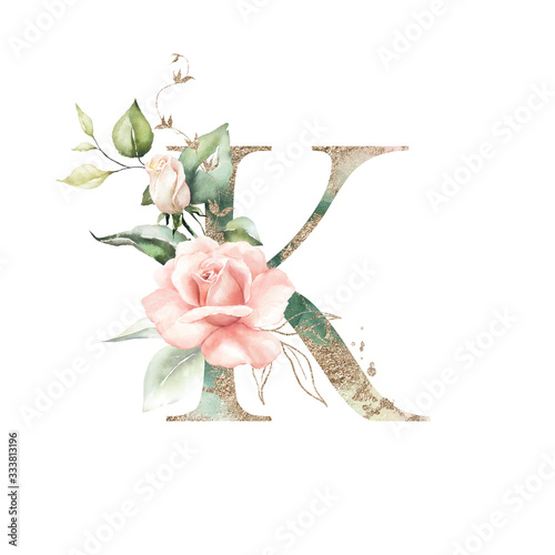 Download Gold Green Floral Alphabet Letter K With Peach Pink White Gold Green Botanic Flower Branch Bouquet Composition Unique Collection For Wedding Invites Decoration Birthdays Other Concept Ideas Stock Illustration