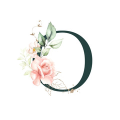 Dark Green Floral Alphabet - letter O with peach pink gold green botanic flower branch bouquet composition. Unique collection for wedding invites decoration, birthdays & other concept ideas.