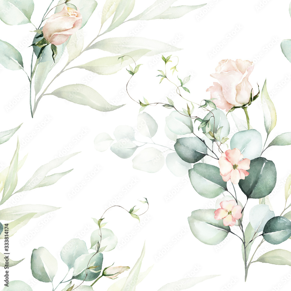 Seamless watercolor floral pattern - pink flowers, green leaves ...