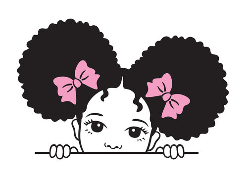 Fototapete - Cute peekaboo black girl with afro puff hair vector illustration.