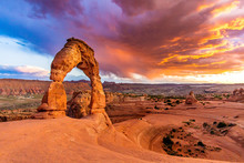 Sunset Over Delicate Arch - Desert Arches National Park Landscape Picture